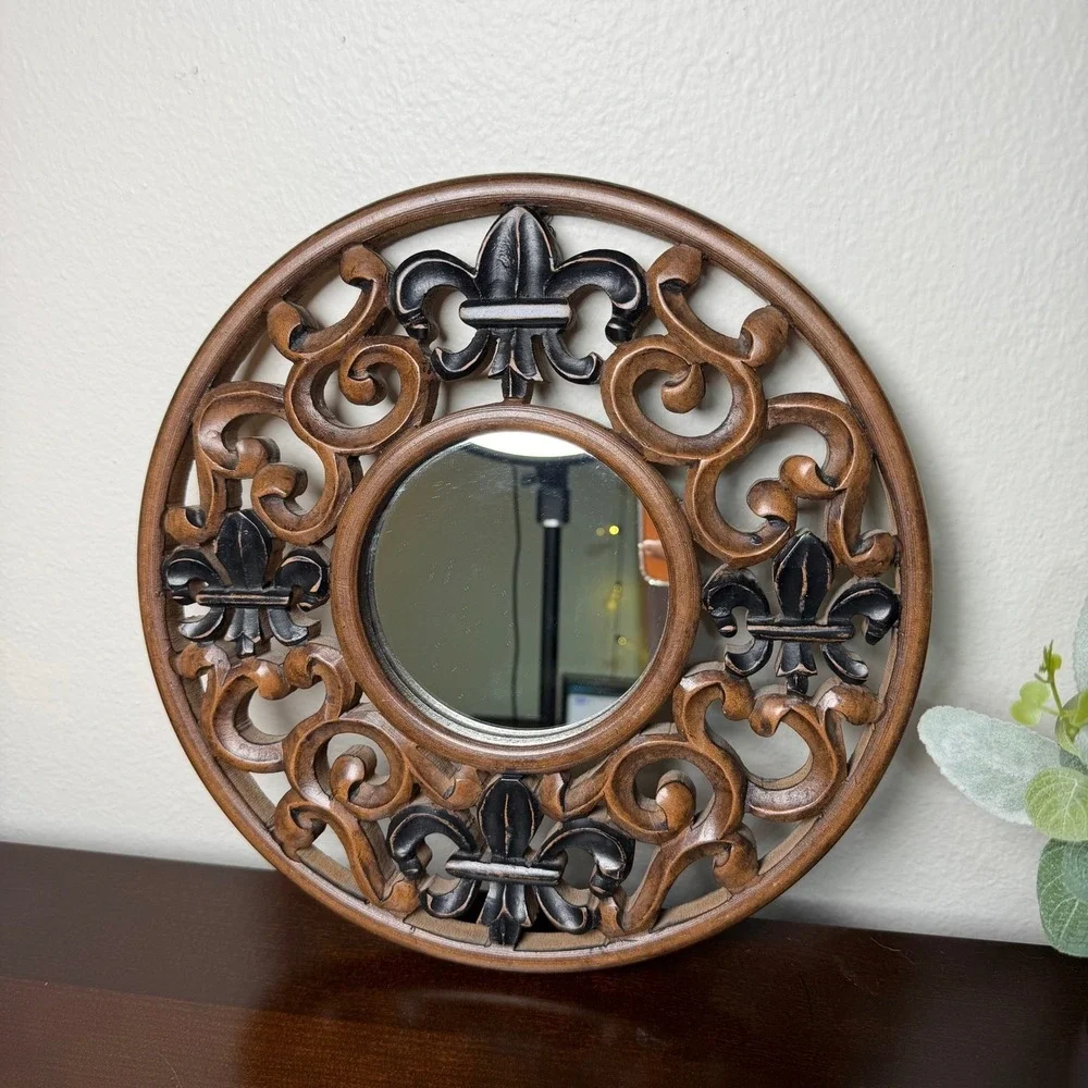 Round Wood‎ Fleur de Lis Wall Mirror Brown Black Scrollwork Ornate